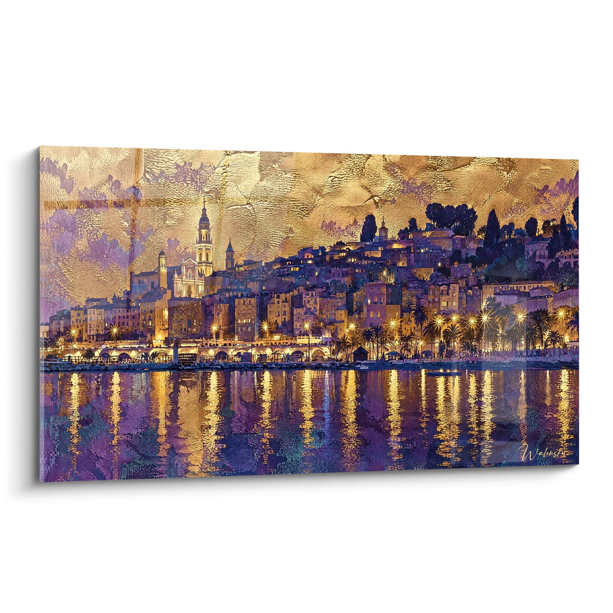 Cuadro Menton iluminado al crepúsculo, fachadas doradas y reflejos violetas sobre el agua tranquila del puerto