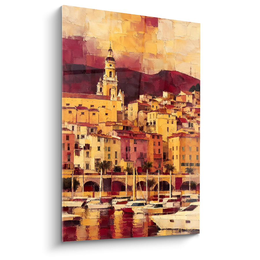 Gemälde Küstendorf in Ocker und Bordeaux mit Glockenturm – Abendlicht am Mittelmeer – Edition Menton Provence-Alpes-Côte d'Azur Frankreich