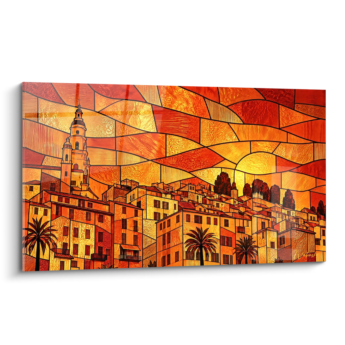 Tableau village perché aux toits ocre et rouge, clocher ancien, style vitrail flamboyant
