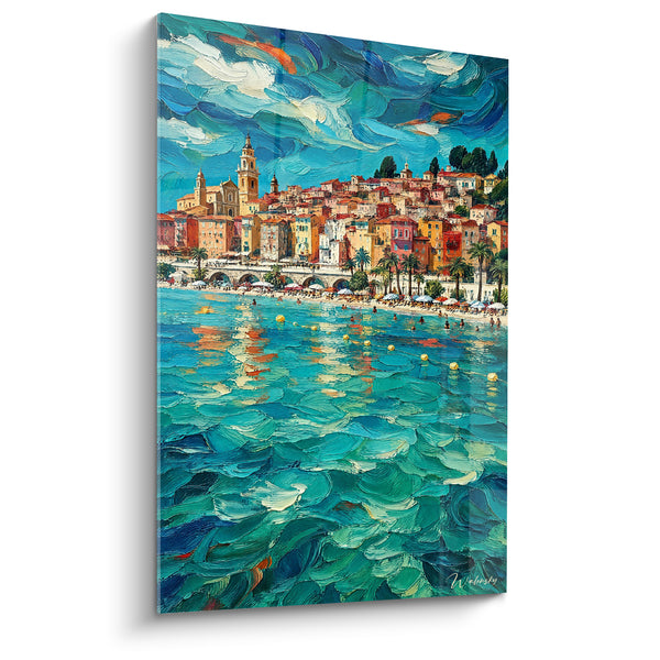 Tableau Ville côtière turquoise et ocre animée - Baignade estivale - Edition Menton Provence-Alpes-Côte d'Azur France