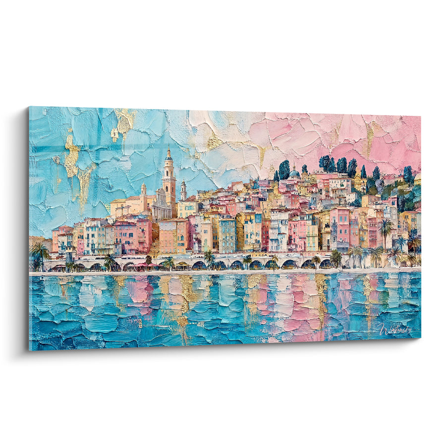 Tableau Vieille ville côtière aux teintes roses et turquoise - Lumière du littoral - Edition Menton Provence-Alpes-Côte d'Azur France
