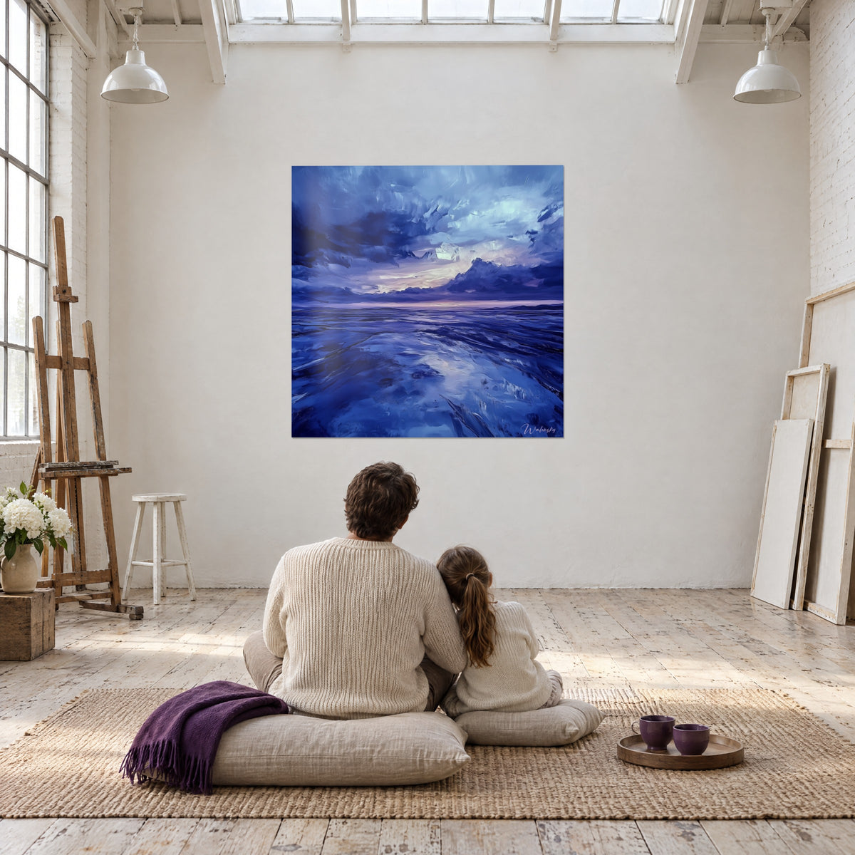 Cuadro de reflejos de cielo de tormenta sobre arena mojada, azul eléctrico y lavanda, visto desde una pareja sentada de espaldas sobre cojines