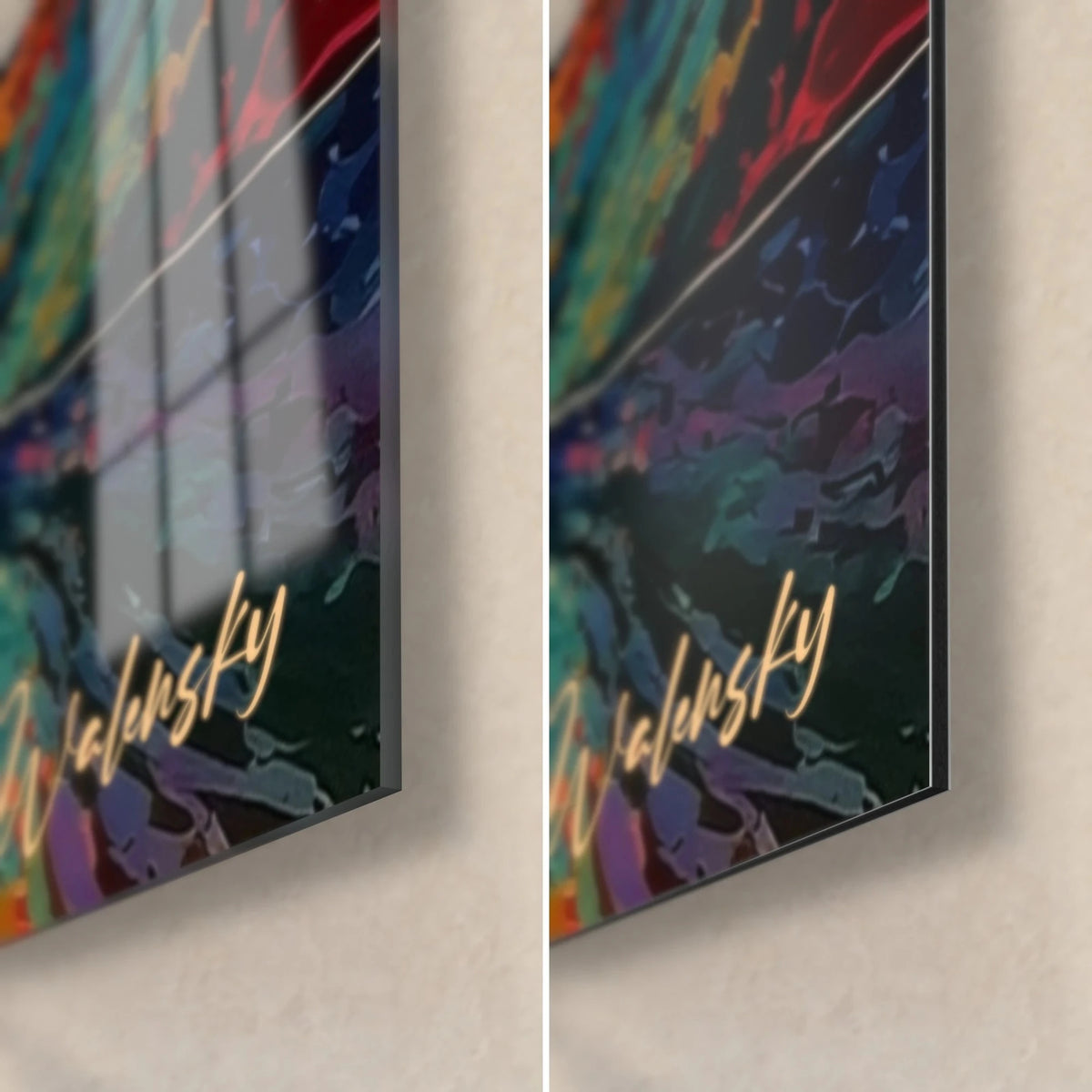Cuadro de paisaje puntillista, esquina inferior derecha en cristal acrílico brillante con reflejos y aluminio Dibond mate, canto de 3 mm, firma dorada