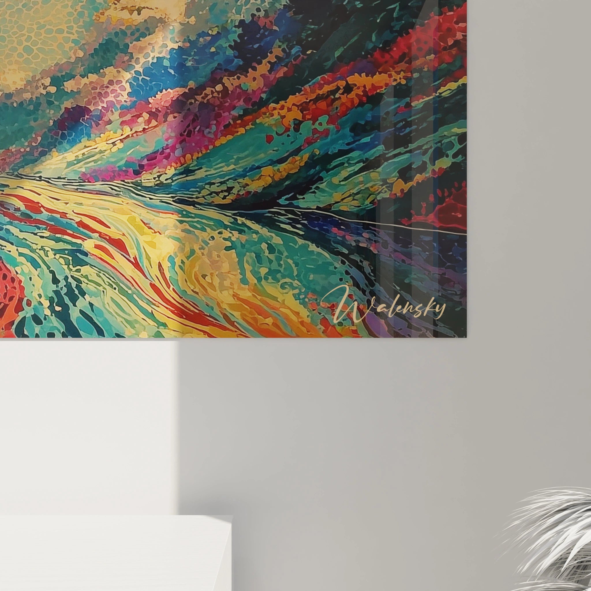 tableau pointillisme mer colorée Walensky tableau mural gros plan gouvernail et mains de marin bleu rouge
