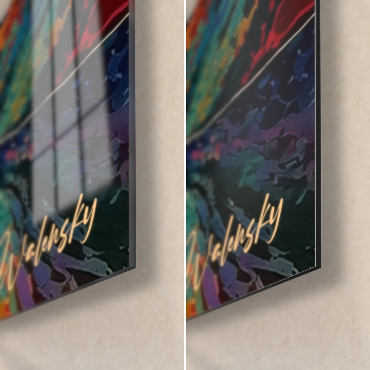 Cuadro de paisaje puntillista, esquina inferior derecha en cristal acrílico brillante con reflejos y aluminio Dibond mate, canto de 3 mm, firma dorada