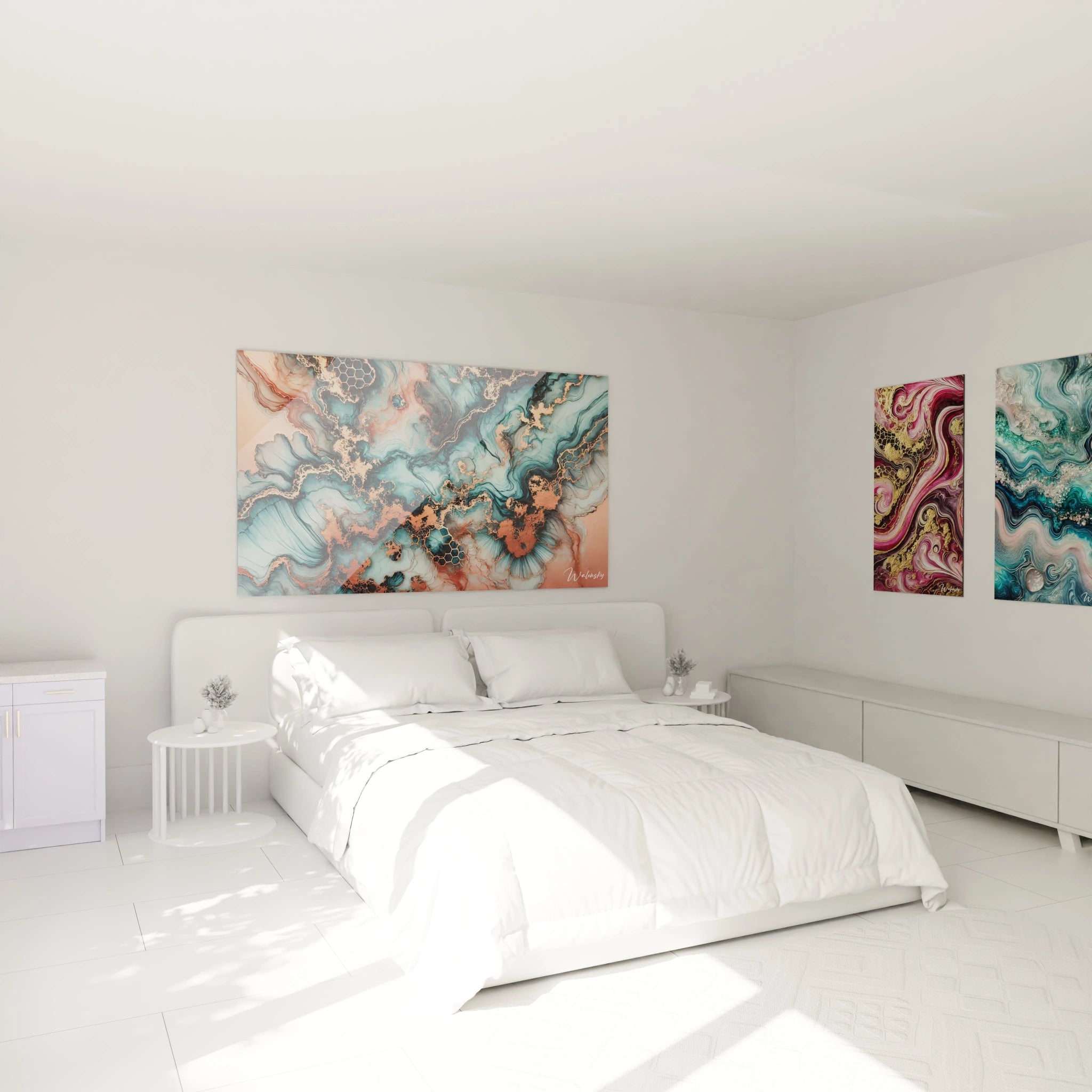 Accroché au mur d'une chambre, ce tableau style epoxy offre un contraste subtil entre les courbes organiques bleues et les touches d’or rose, apportant sérénité et élégance à votre espace de détente.

