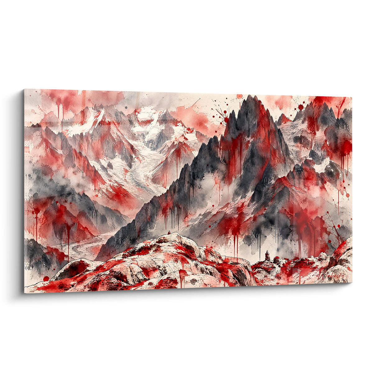 Tableau sommets de la Mer de Glace à l'encre, coulures rouge carmin sur roche gris anthracite