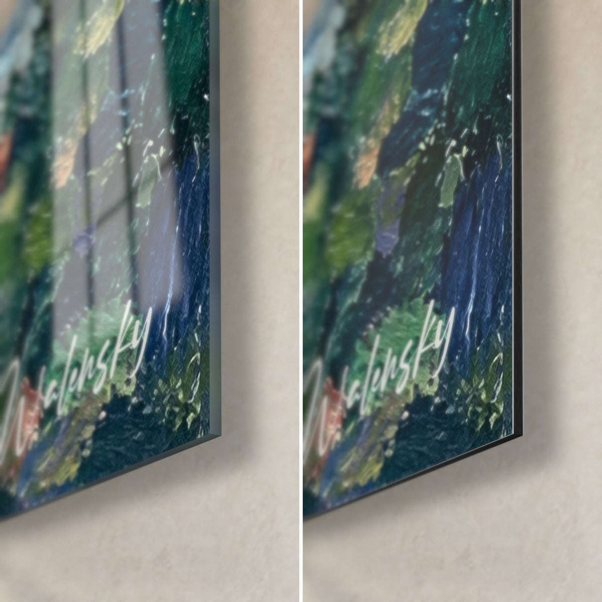 Tableau cimes alpines en peinture à l'huile, coin bas droit : verre brillant aux reflets bleus, alu Dibond mat vert, tranche 3 mm