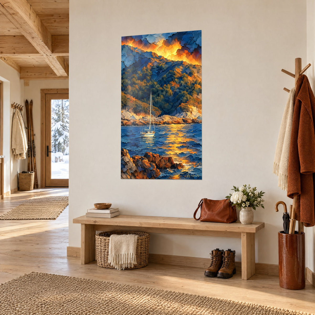 Tableau yacht à deux mâts sur une mer indigo, colline boisée vert olive et ciel de flammes, entrée de chalet en bois clair