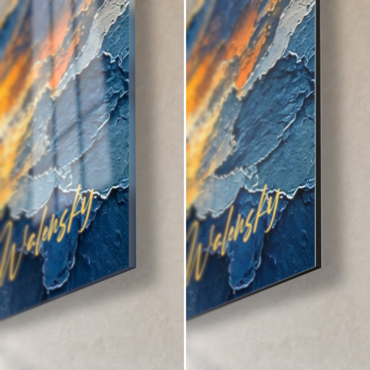 Tableau voilier en peinture épaisse bleu nuit et or, coin bas droit : verre acrylique brillant à gauche, alu Dibond mat à droite