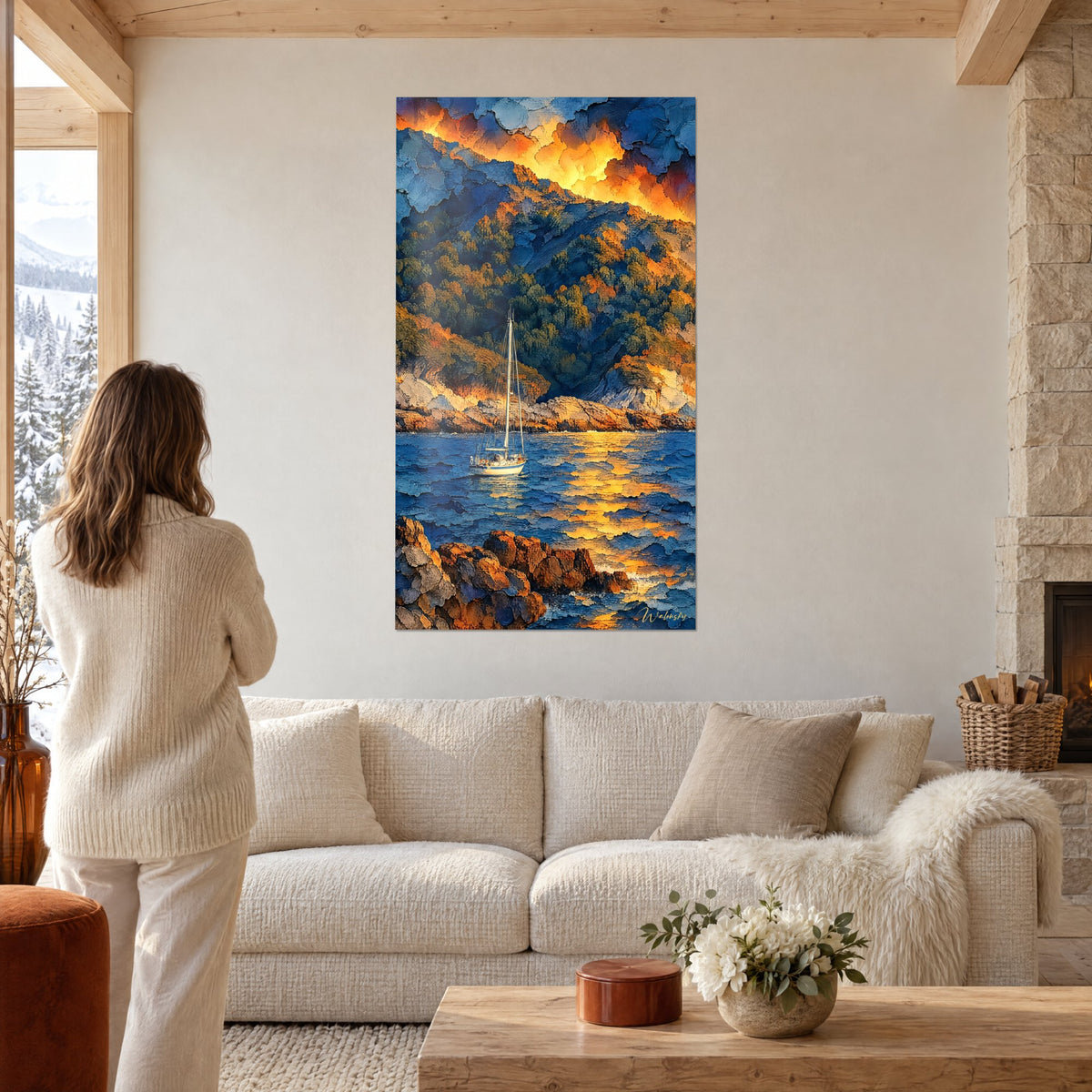 Tableau voilier blanc ancré sous une falaise bleu et doré, reflets orangés sur l'eau, au-dessus d'un canapé dans un salon lumineux