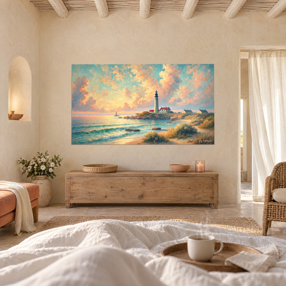 Gemälde bretonische Küste im Morgengrauen, aprikosenfarbene Wolken und blaugrüne Wellen, über einem Bett in einem hellen Schlafzimmer