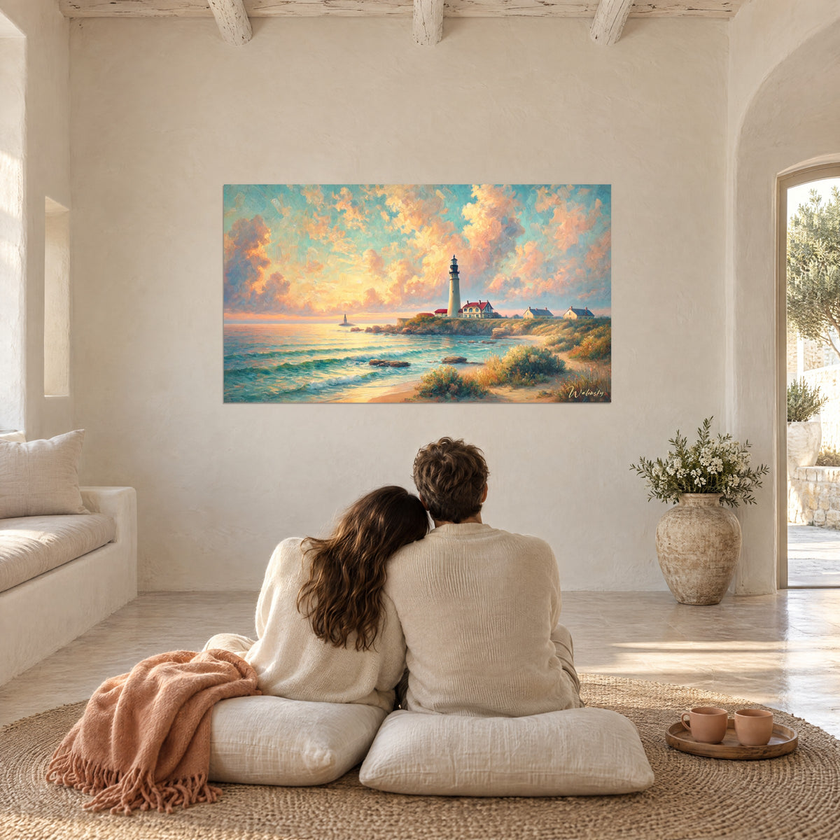 Gemälde Strand im Morgengrauen und elfenbeinfarbener Leuchtturm, safranfarbene Wolken und blaugrünes Wasser, Paar von hinten auf weißen Kissen sitzend