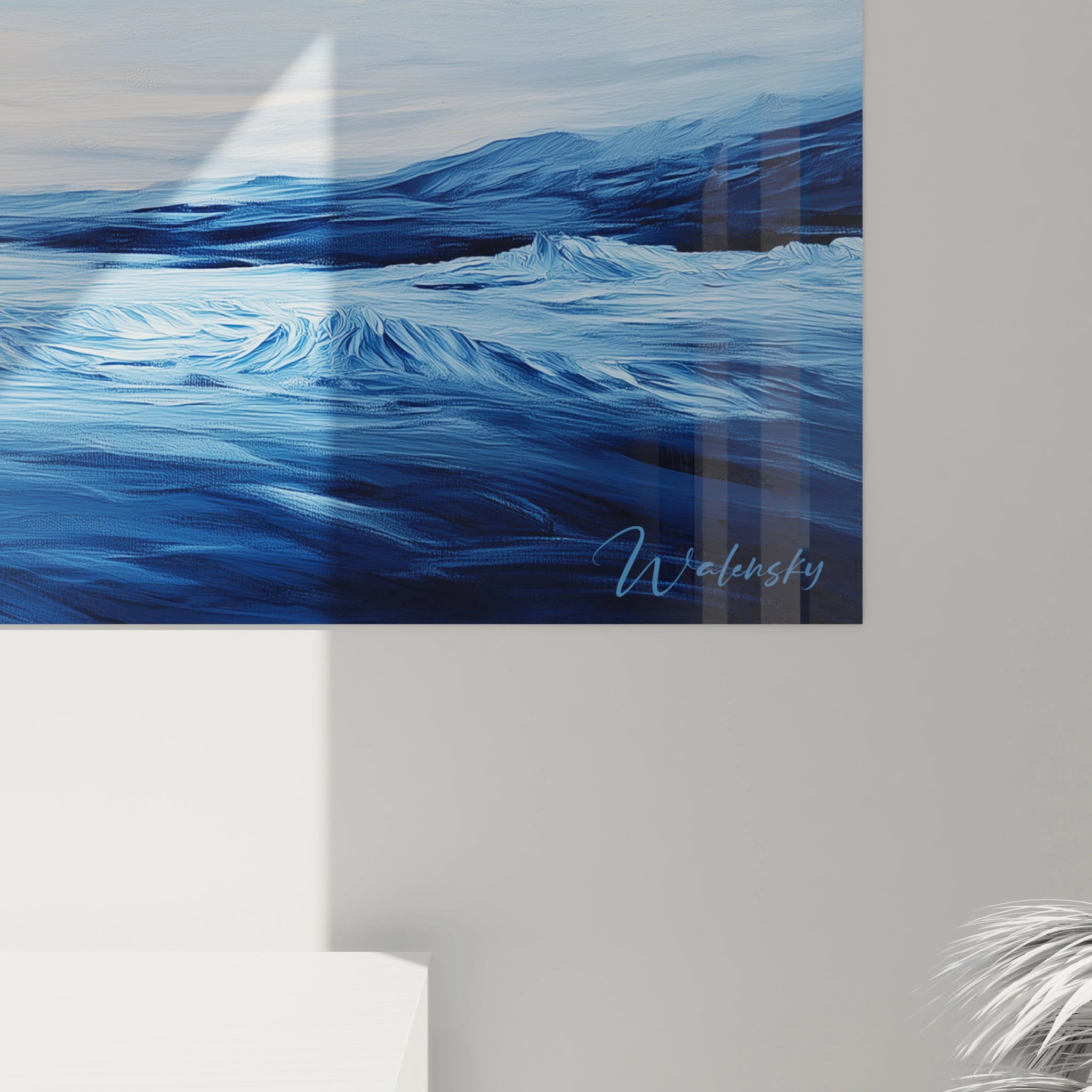 Tableau océan minimaliste capturant l'immensité marine par un dégradé de bleus, du plus sombre en bas au plus clair à l'horizon, avec des textures variées simulant le mouvement des vagues et un équilibre parfait entre ciel et mer, créant une impression d'infini bleuté.
