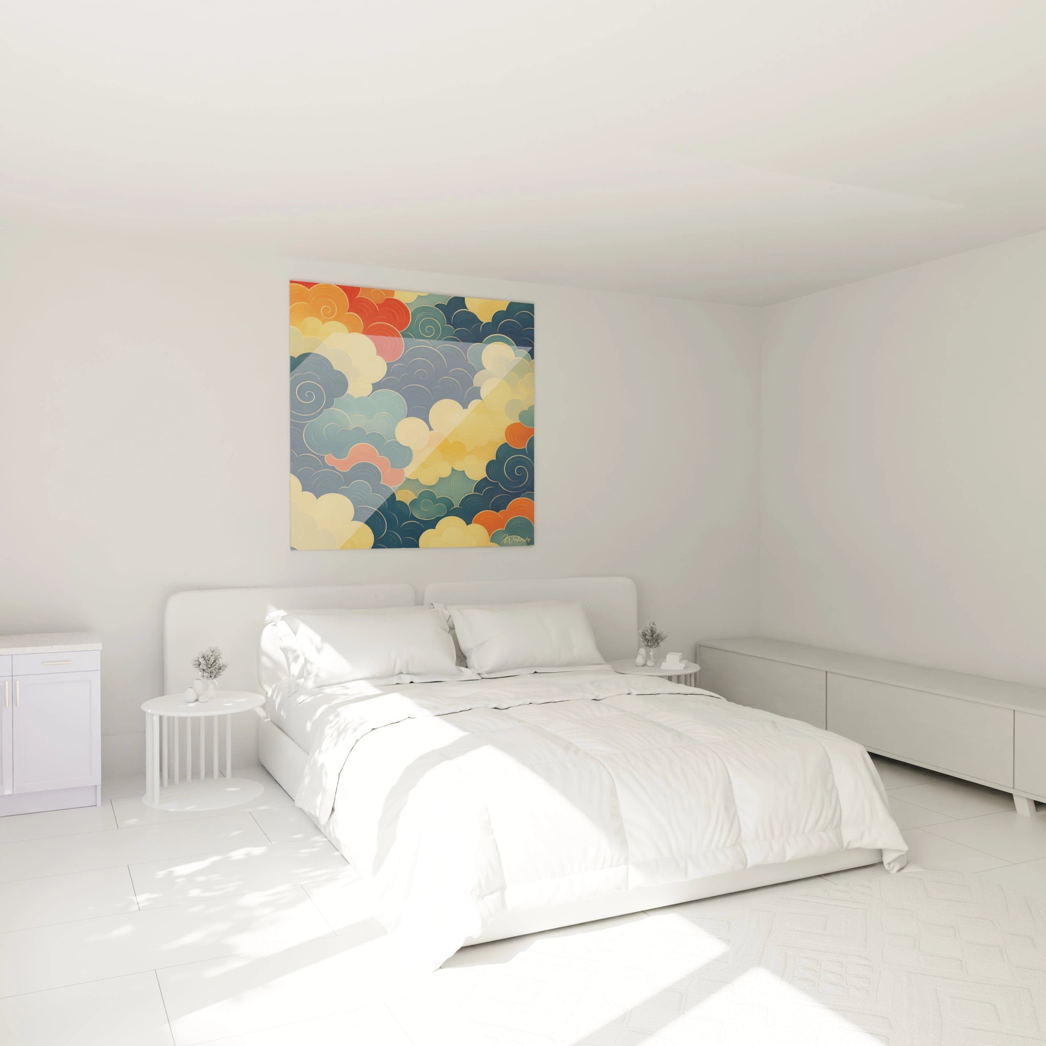 Un tableau japon orné de motifs de nuages traditionnels "kumo" dans des teintes de bleu profond, orange vif et or. Les nuages tourbillonnants s'entrelacent avec élégance, créant un mouvement circulaire rythmé par des lignes fines dorées sur fond texturé.
