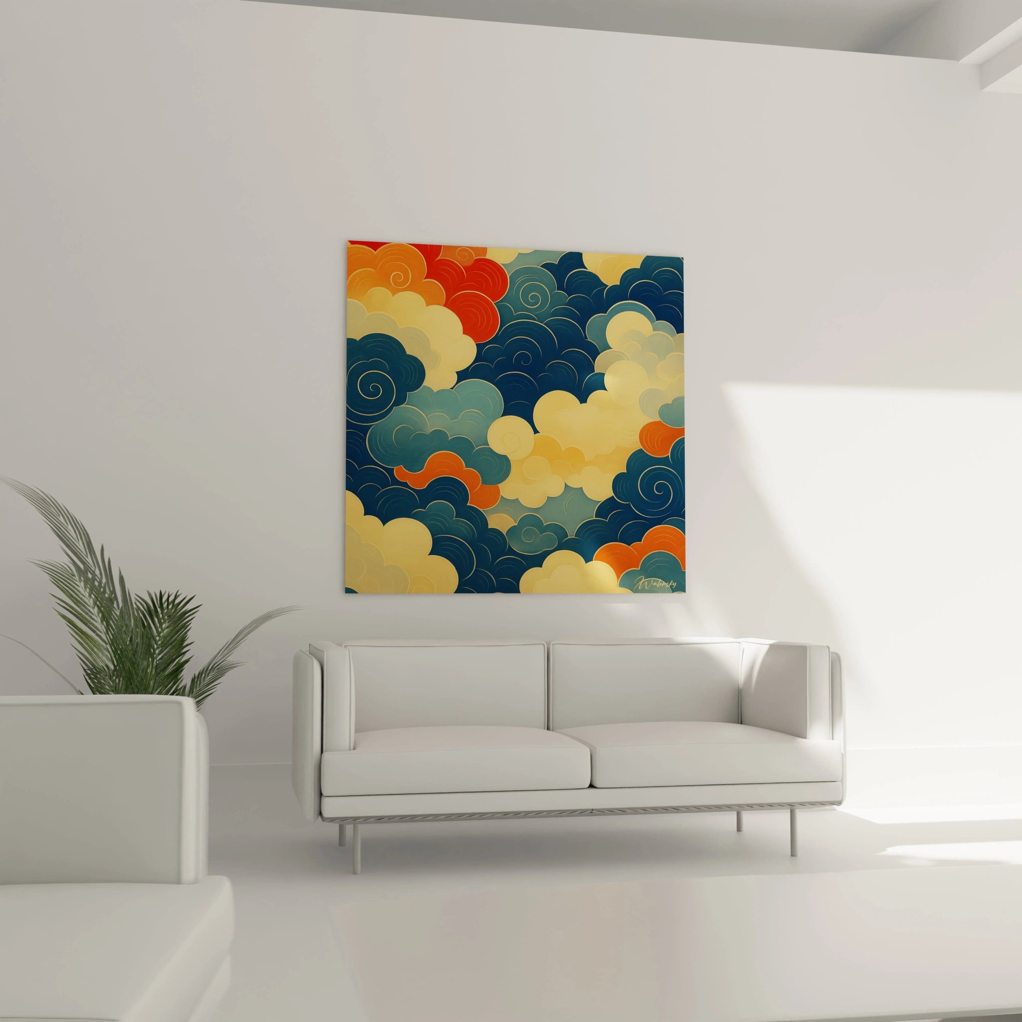 Un tableau japon aux nuages stylisés semblables aux motifs des kimonos traditionnels. Contraste saisissant entre bleu indigo, vermillon et ocre doré, avec des formes arrondies et spiralées délicatement bordées d'or, évoquant une atmosphère sereine et méditative.
