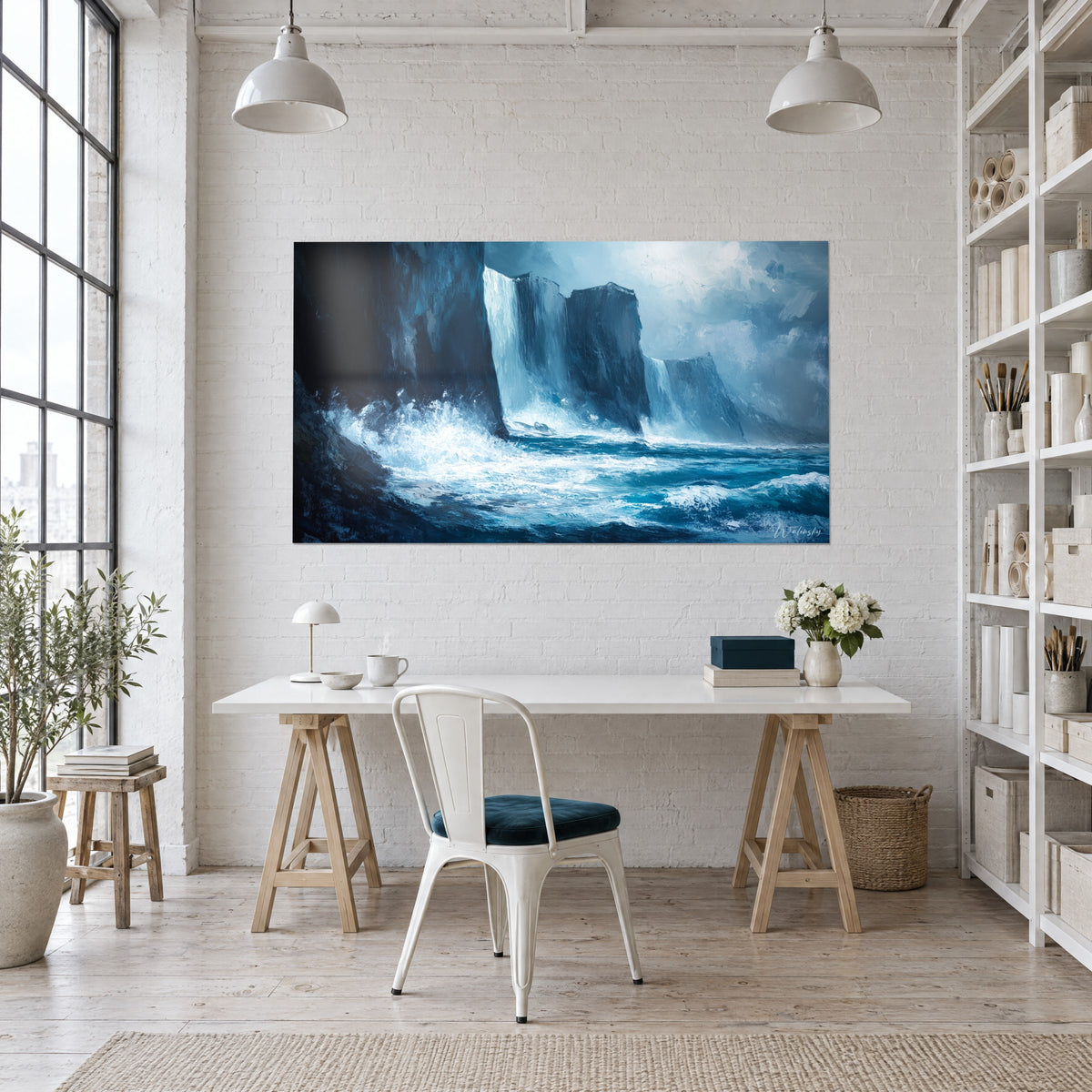 Tableau mer déchaînée au pied de hautes falaises, bleu glacier et noir de nuit, accroché au-dessus d'un bureau de bois clair