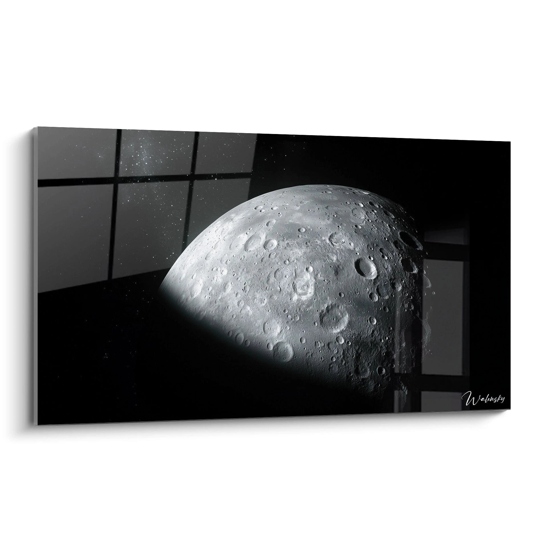 Un tableau espace montrant une surface lunaire détaillée, avec des cratères en relief, des tons gris et blancs, et un fond noir profond évoquant le vide spatial.

