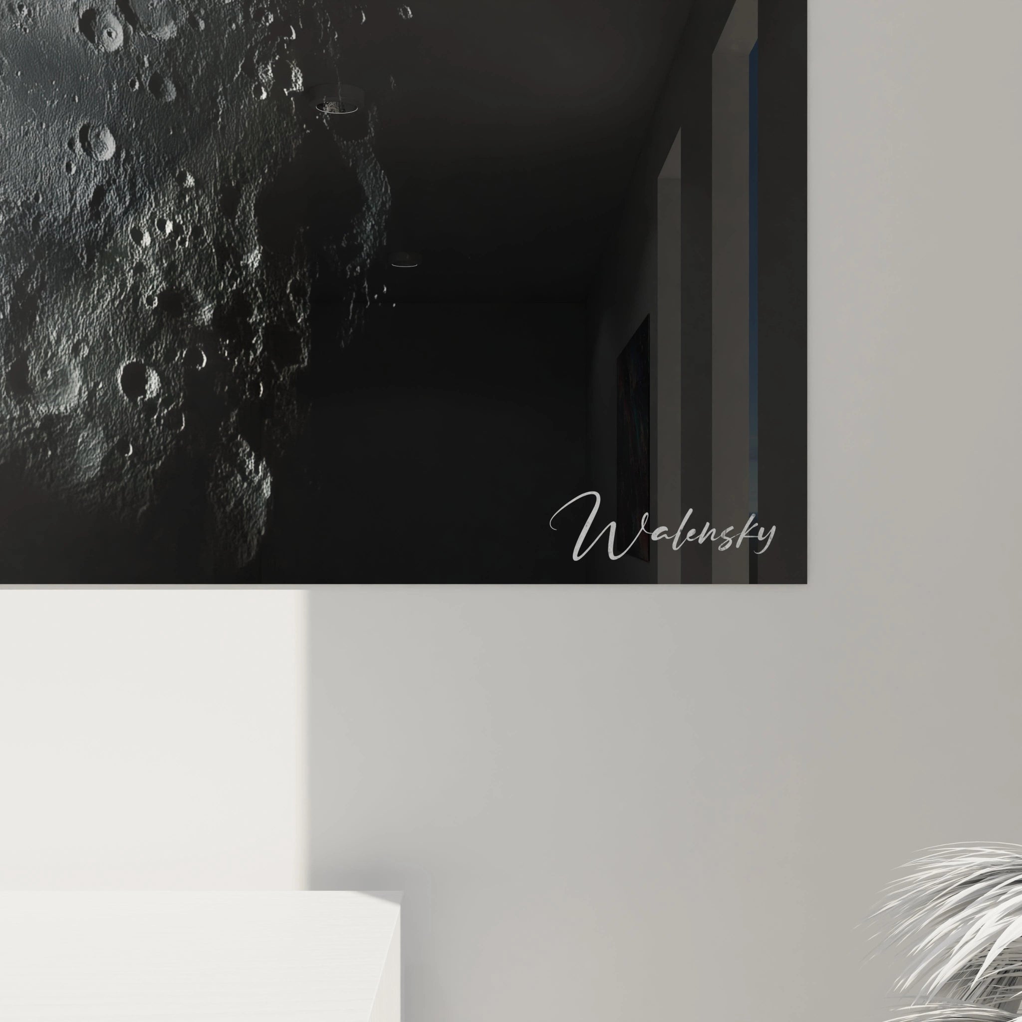 Un tableau espace mettant en avant un corps céleste texturé, avec un effet de clair-obscur, des ombres profondes et une surface marquée par des impacts de météorites.







