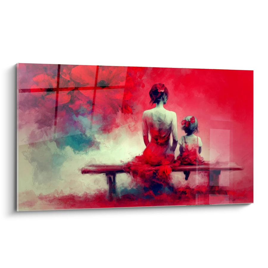 Tableau Mère et Enfant sur Banc dans Nuages Rouges Abstraits - Tendresse Écarlate - Edition Coquelicot