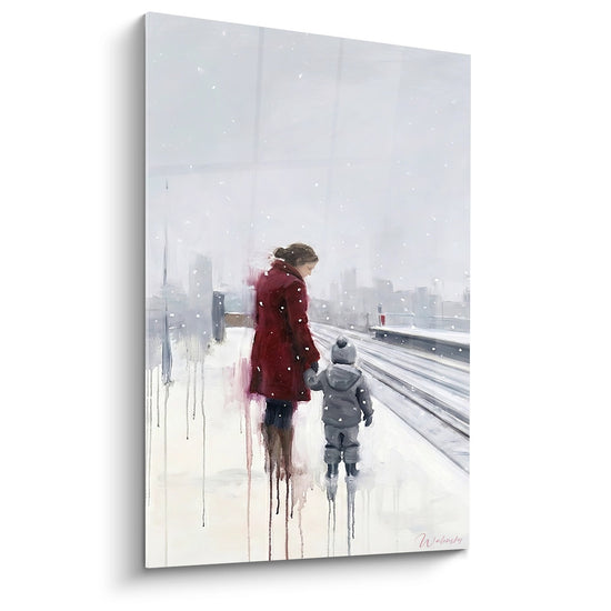 Cuadro Madre e Hijo en la Nieve en Andén - Ternura Invernal - Edición Brooklyn