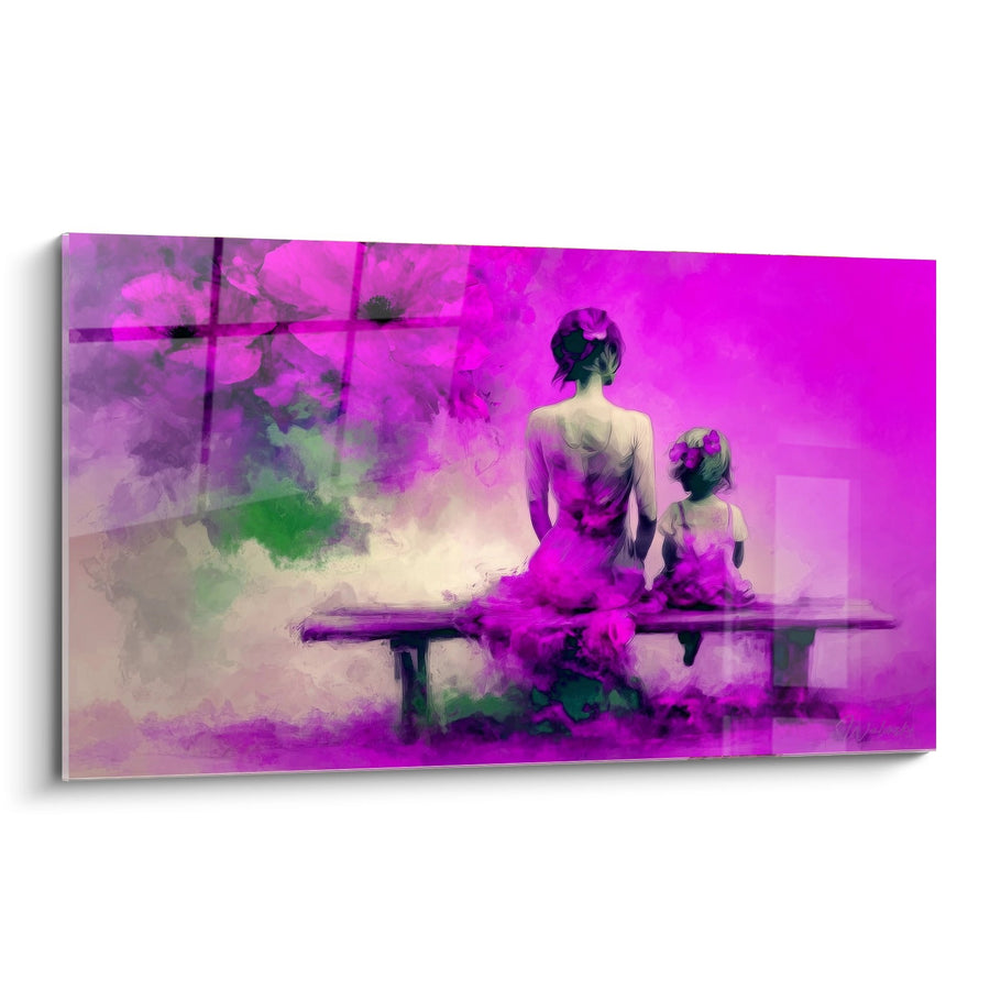 Tableau Mère et Enfant sur Banc dans Atmosphère Violette et Magenta - Tendresse Florale - Edition Coquelicot