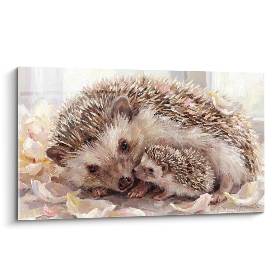 Tableau Mère Hérisson et son Petit sur Fond de Pétales Roses - Tendresse Familiale - Edition Hérisson