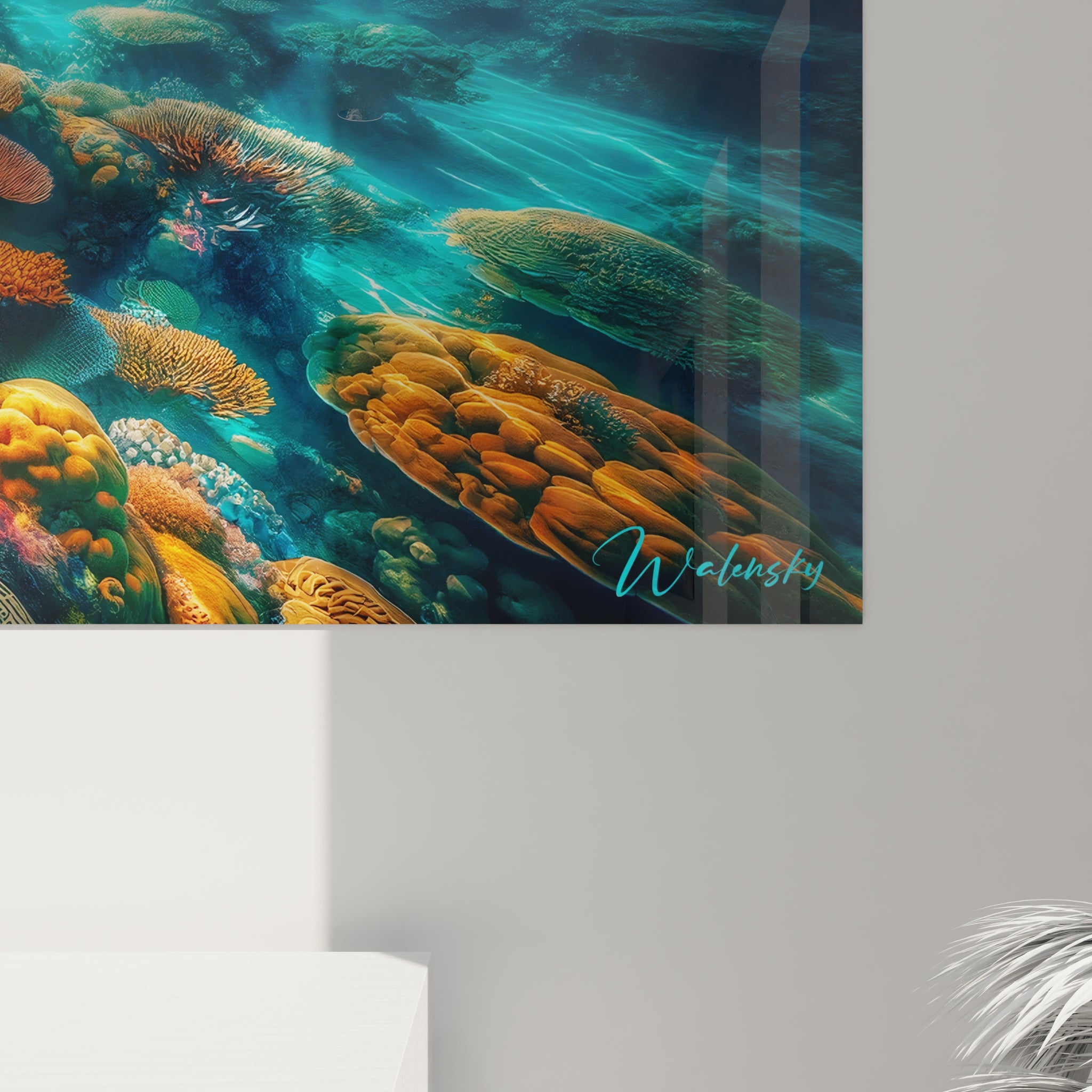 Un tableau paysage centré sur un écosystème marin tropical, coraux en premier plan sous une eau transparente, ciel bleu foncé au-dessus d’une île couverte de végétation.


