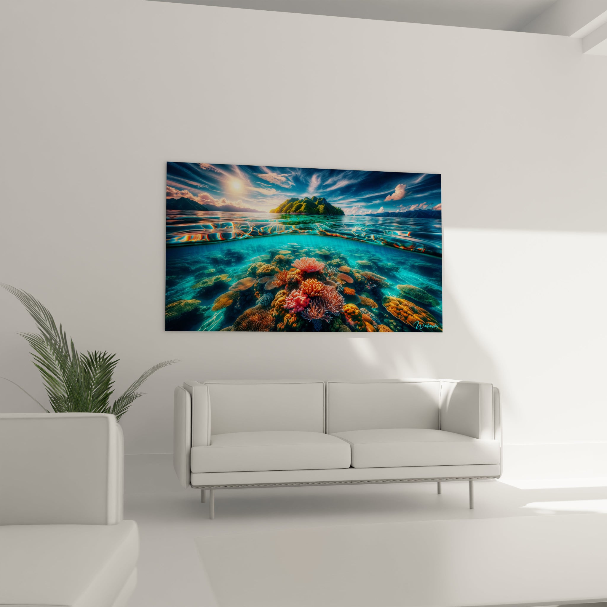 Tableau paysage figurant un fond marin riche en coraux orange, roses et jaunes sous une eau limpide, surplombé par une île montagneuse et un ciel bleu strié de nuages.

