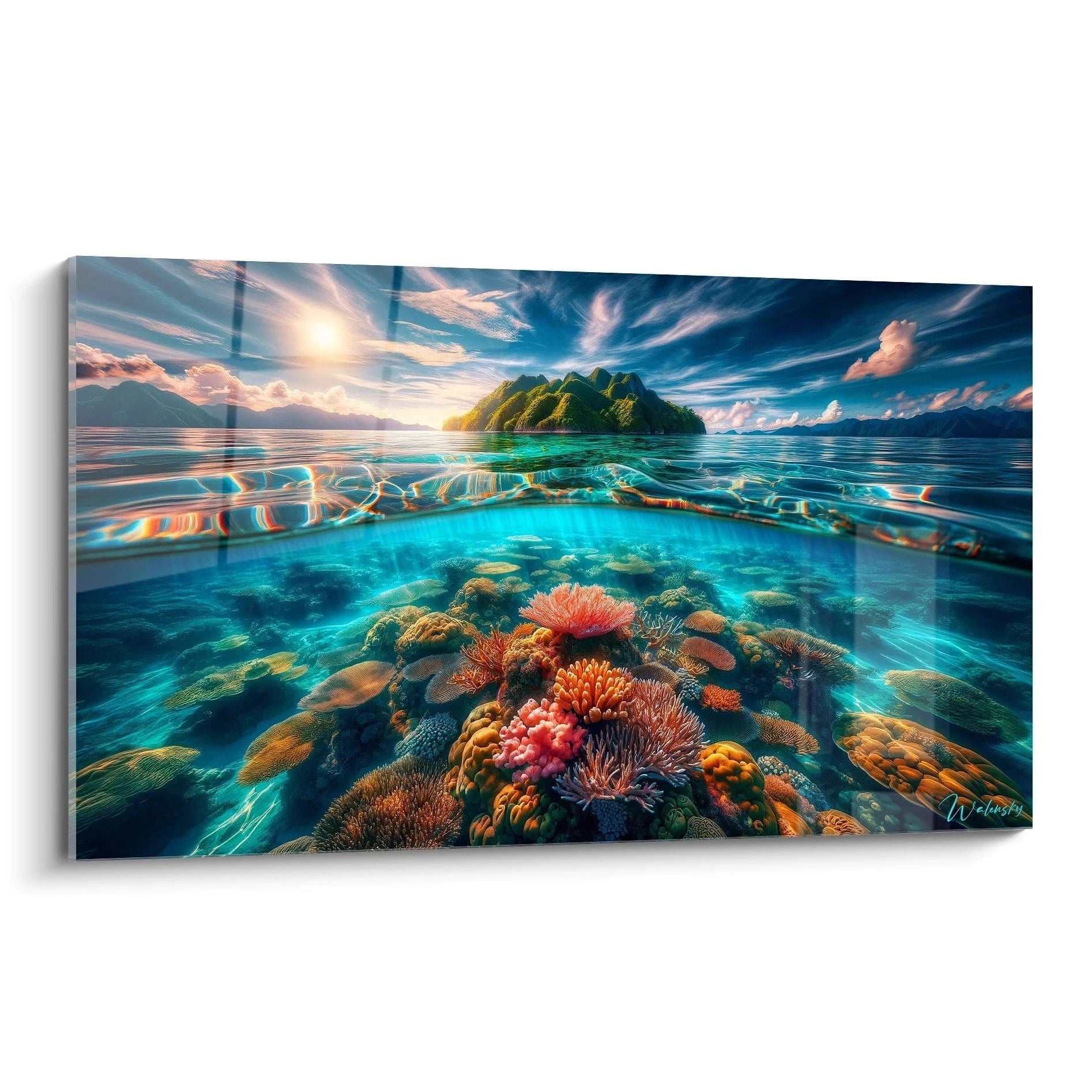 Tableau paysage représentant une île verdoyante au centre, avec un récif corallien multicolore sous une eau claire, teintes turquoise, orange, rose et bleu profond.

