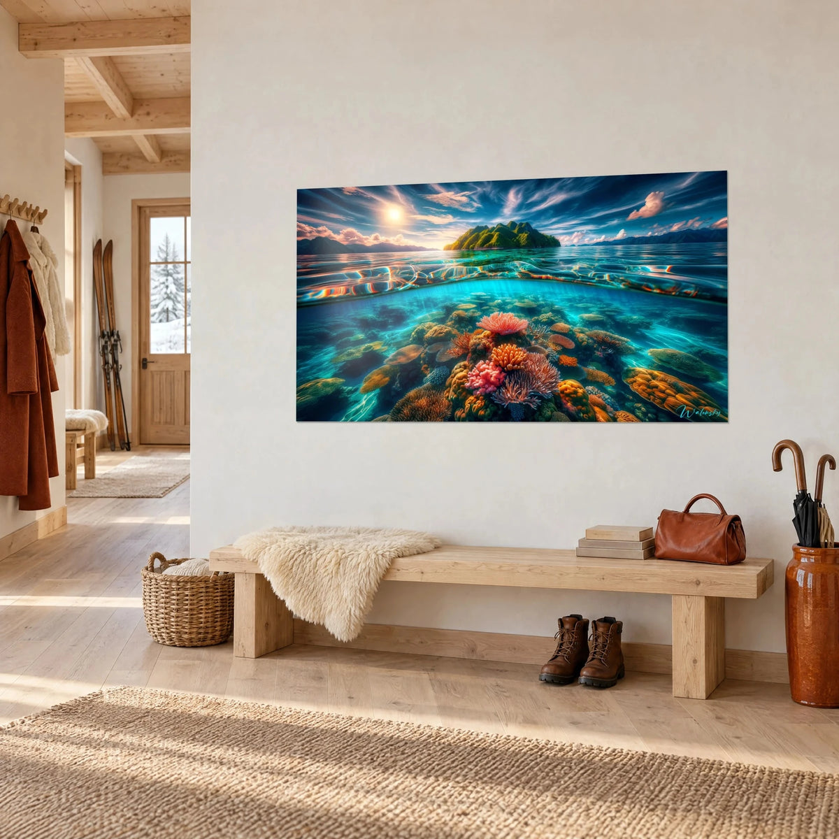 Schilderij tropische lagune doorsneden door de waterlijn, roze en oranje koralen, smaragdgroen eiland, boven een bank van licht hout