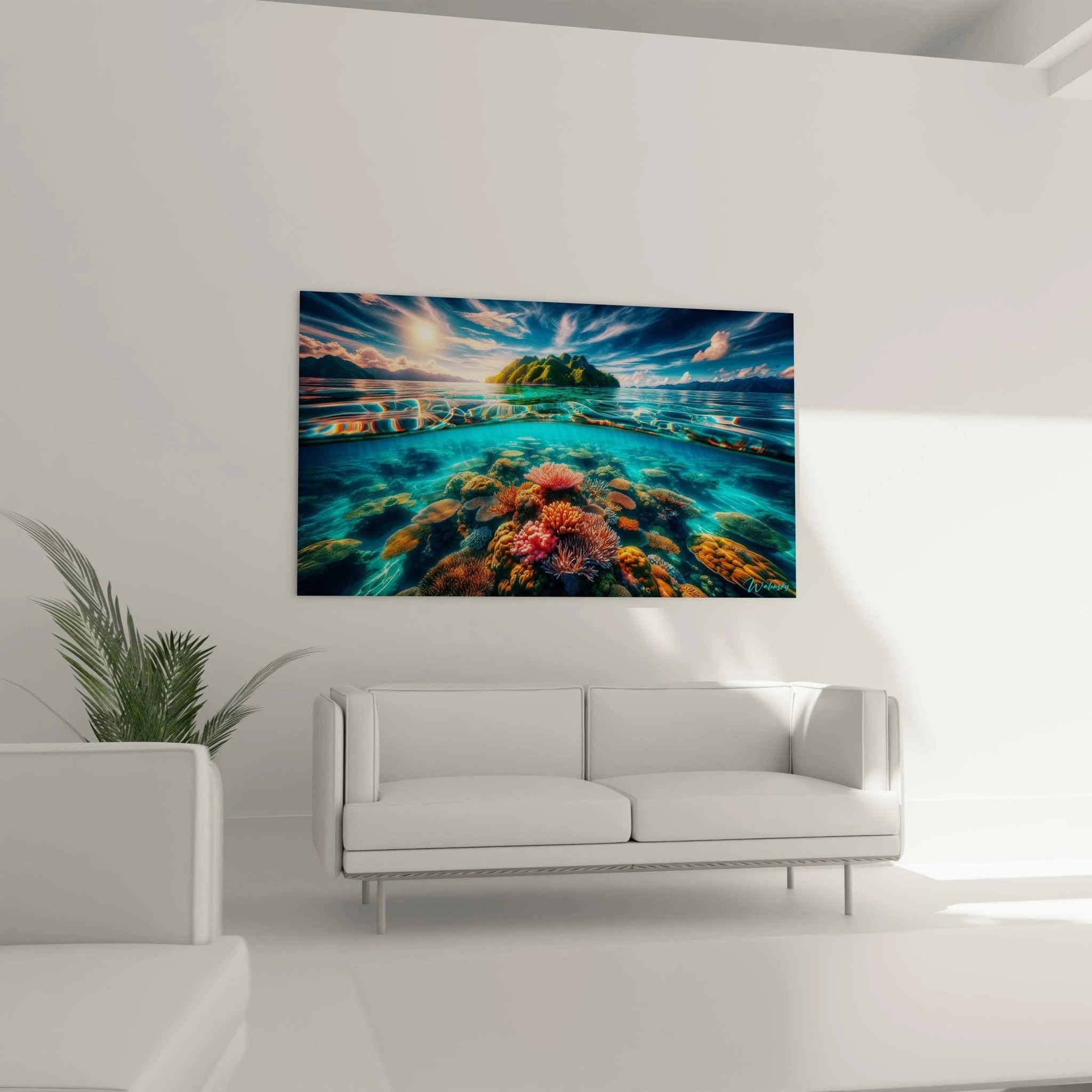 Tableau paysage figurant un fond marin riche en coraux orange, roses et jaunes sous une eau limpide, surplombé par une île montagneuse et un ciel bleu strié de nuages.


