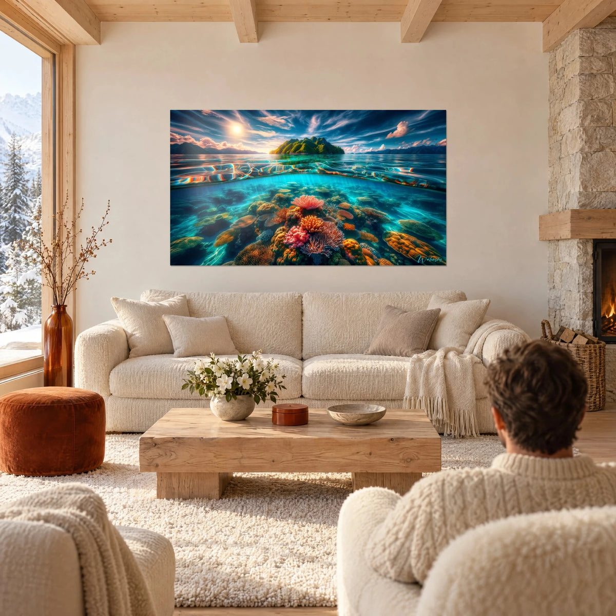 Schilderij koraalrif onder een turquoise wateroppervlak, groen eiland en blauwe lucht, kijker van achteren, boven een bank in een lichte woonkamer