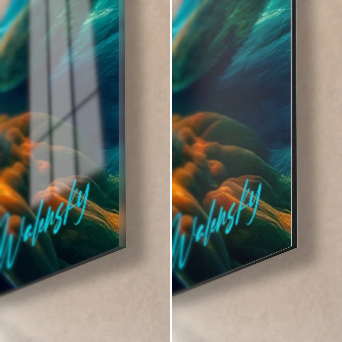 Schilderij levendige zeebodem, detail rechtsonder: glanzend acrylglas links, mat Dibond-aluminium rechts, oranje en turquoise koralen