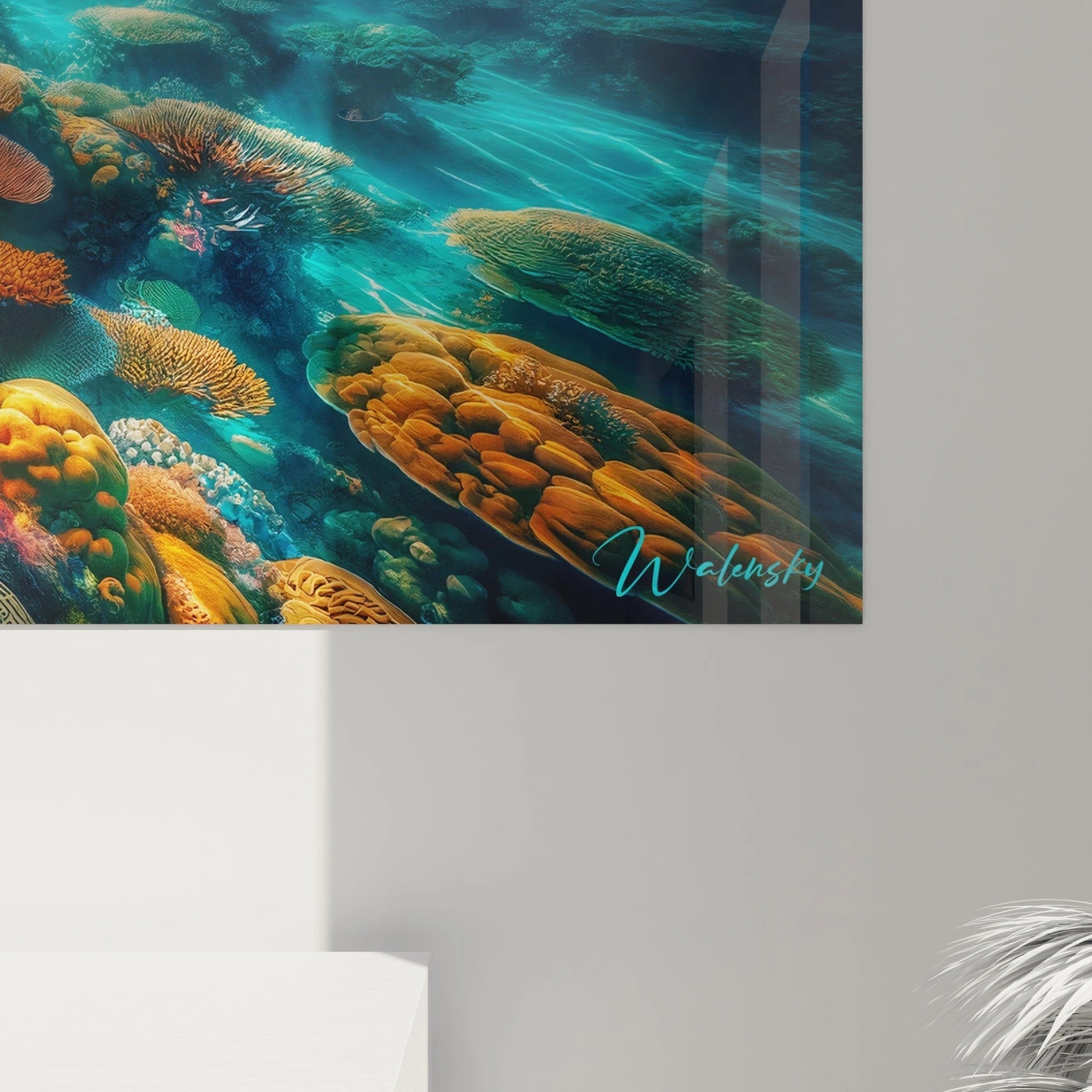 Un tableau paysage centré sur un écosystème marin tropical, coraux en premier plan sous une eau transparente, ciel bleu foncé au-dessus d’une île couverte de végétation.


