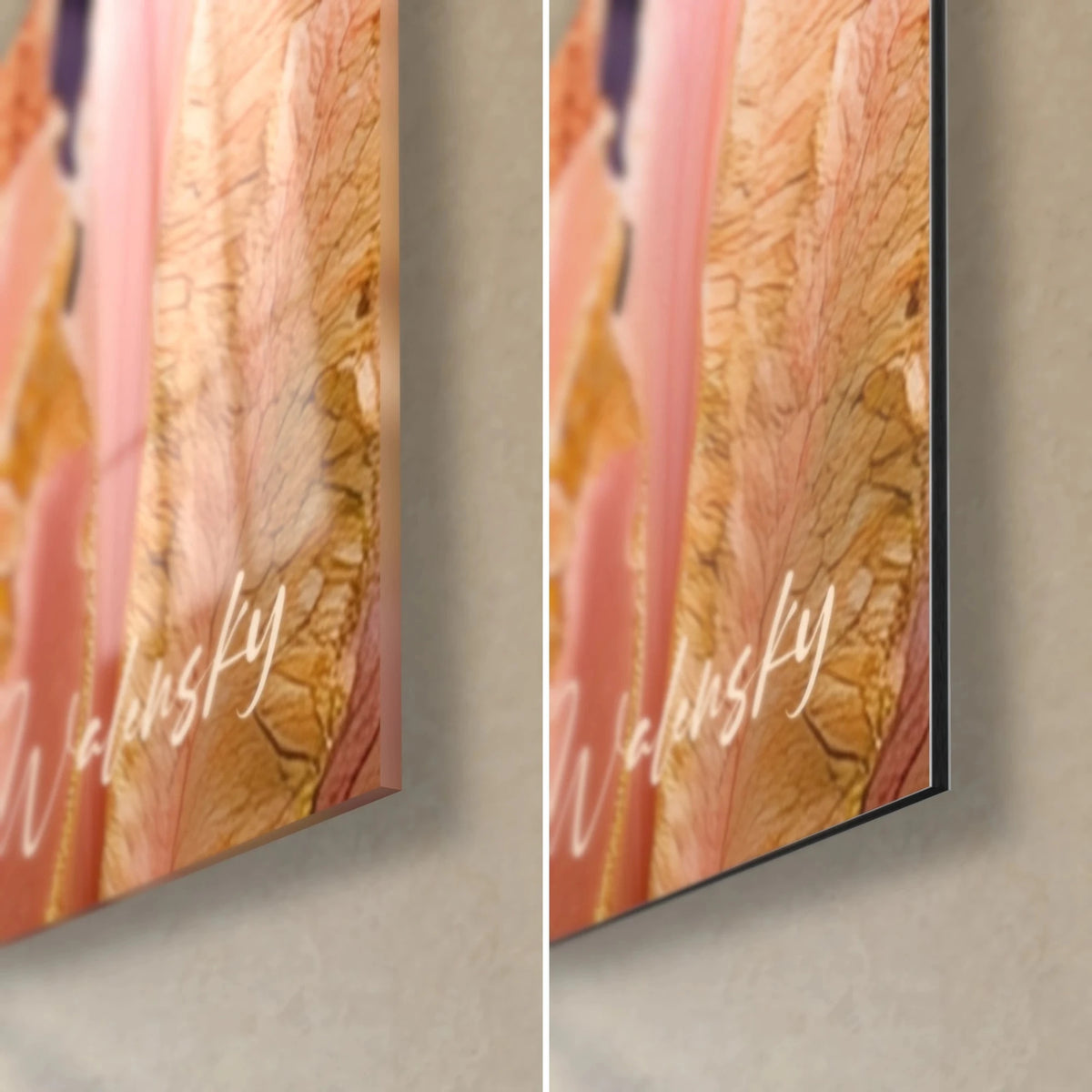 Quadro coralli in lana rosa pallido e arancio, angolo in basso a destra, vetro acrilico lucido a sinistra, alluminio Dibond opaco a destra, spessore 3 mm