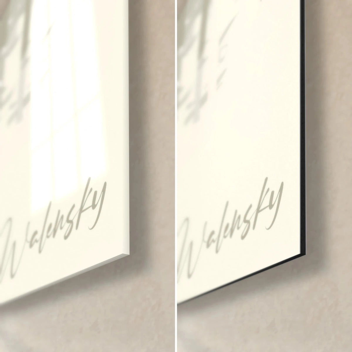 Gemälde mit Meisen mit schwarzer Kopfplatte, untere rechte Ecke: glänzendes Acrylglas und mattschwarzes Alu-Dibond, 3 mm Kante, Walensky-Signatur