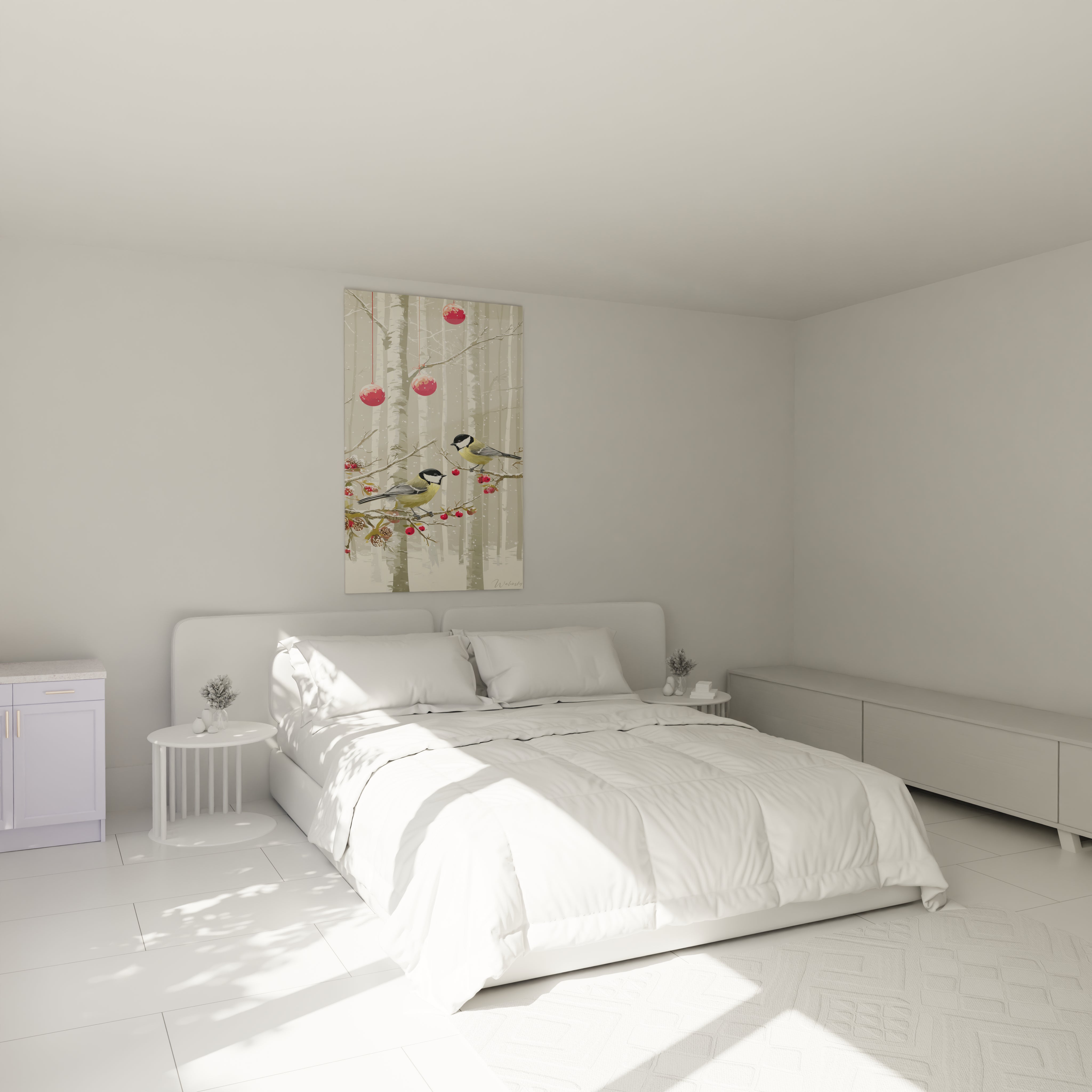 Tableau mural mésanges Noël dans une chambre lumineuse avec un lit minimaliste