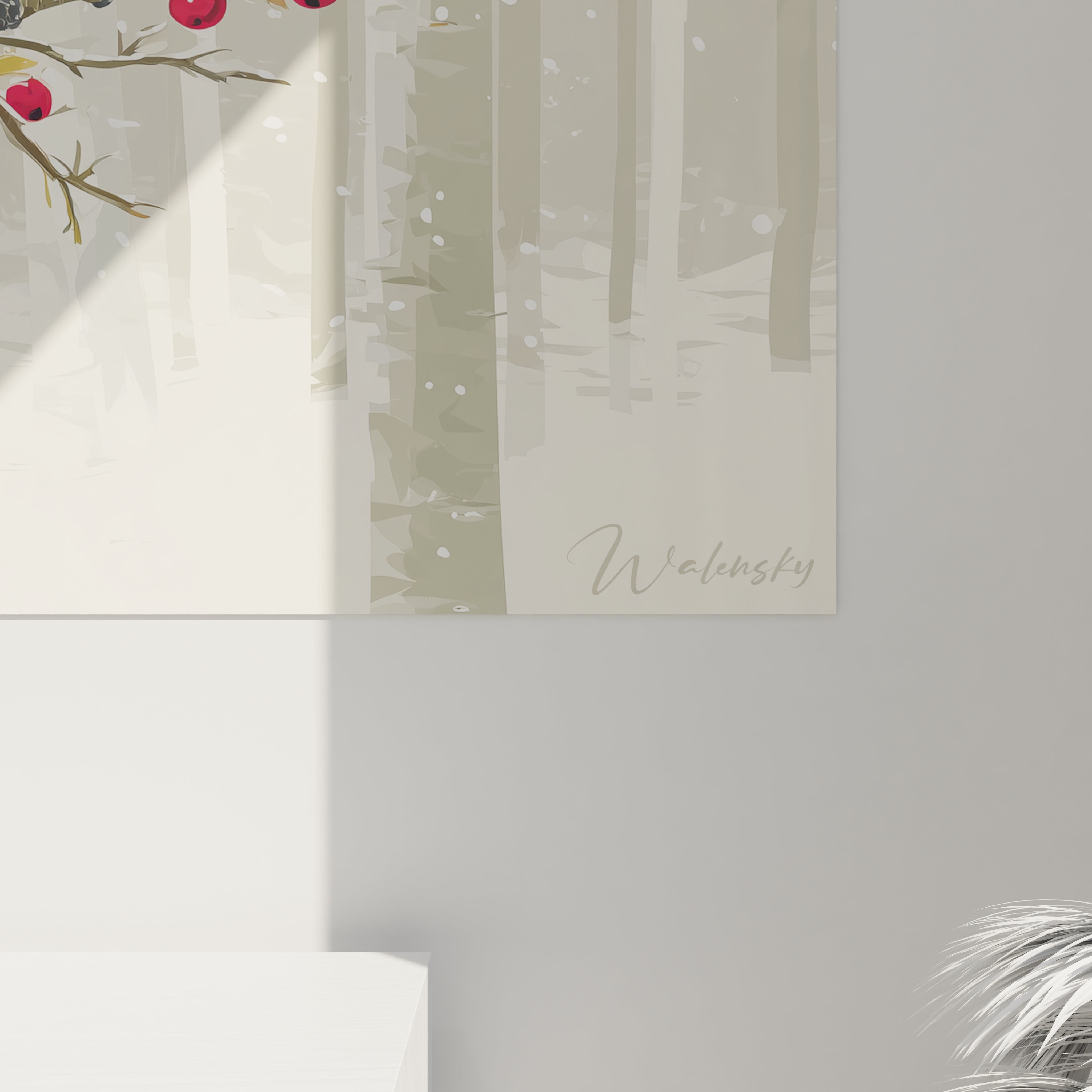Tableau mural de plus de mésanges Noël sur une branche avec un fond hivernal dessiné par Walensky