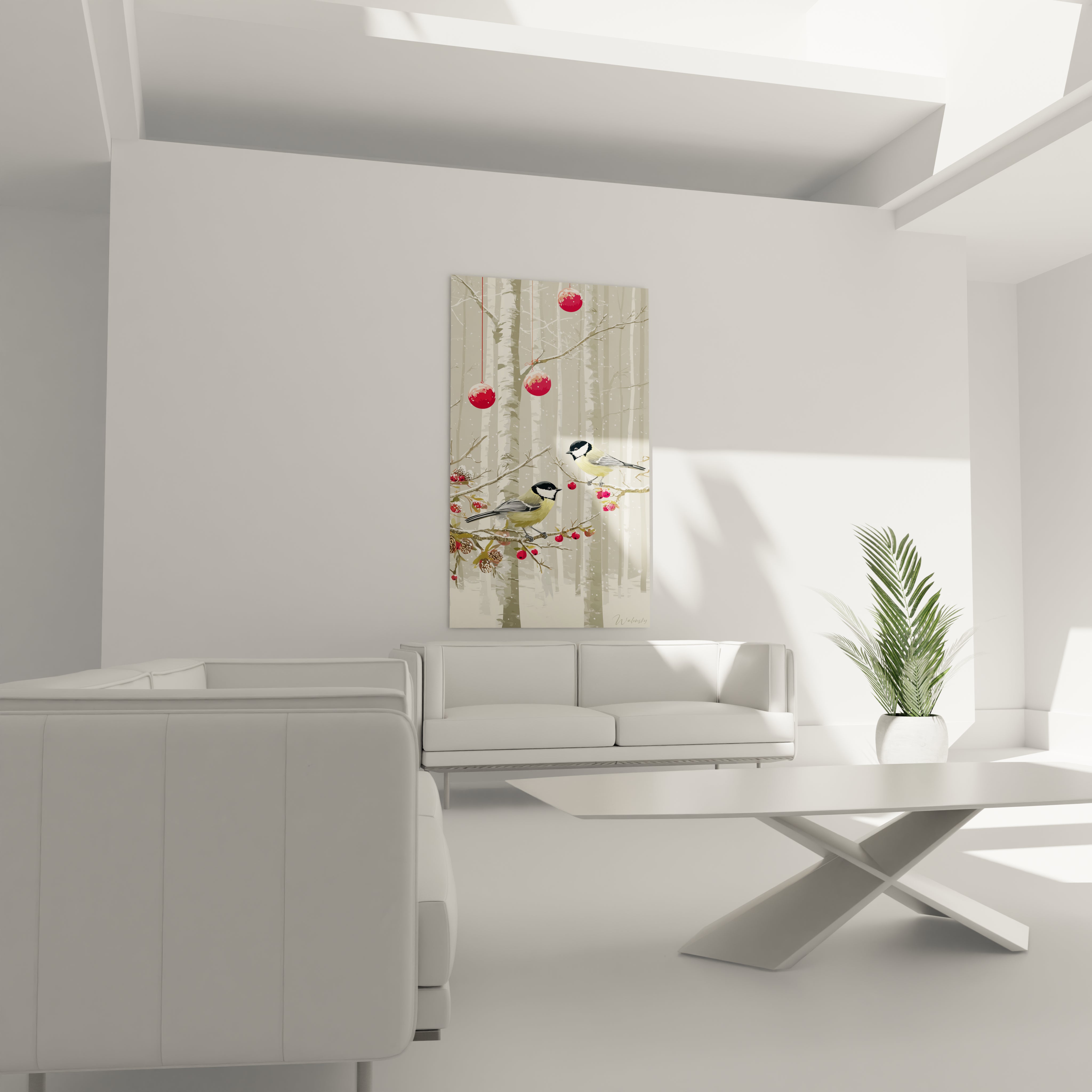 Tableau mural mésanges Noël sur fond de forêt avec des baies rouges décoratives