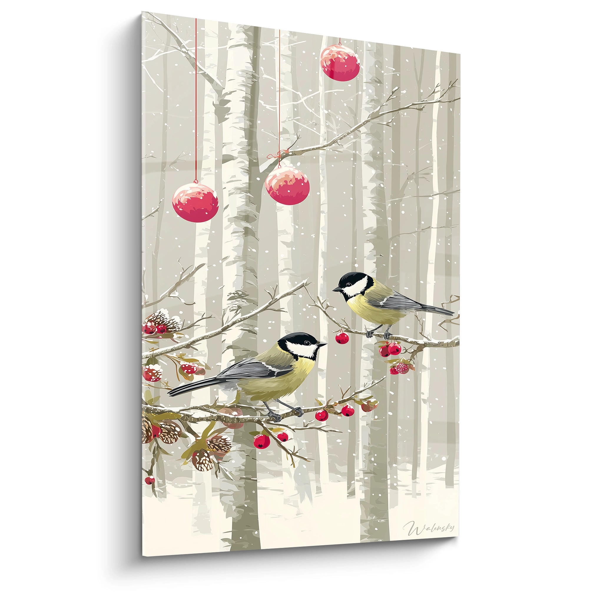 Tableau mural avec mésanges de Noël sur une branche avec décorations hivernales de Walensky