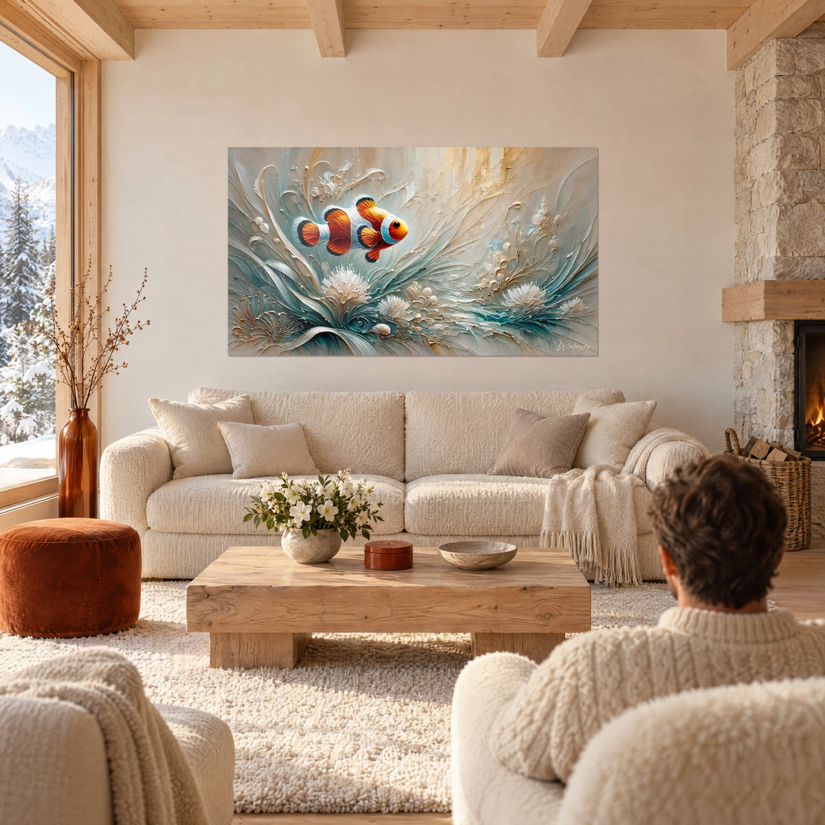 Schilderij van een oranje en witte clownvis die tussen parelmoerkleurige, reliëfachtige anemonen glijdt, boven een bank in een lichte woonkamer