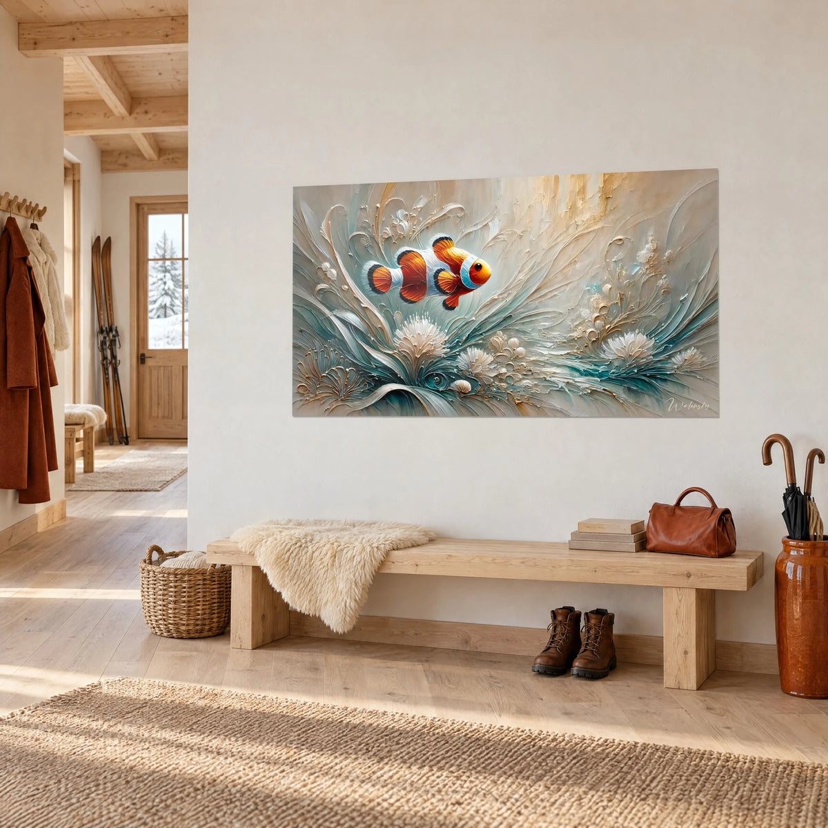 Schilderij van een anemoonvis met zwarte strepen die zwemt tussen turquoise en beige impasto-streken, opgehangen aan een lichte chaletmuur