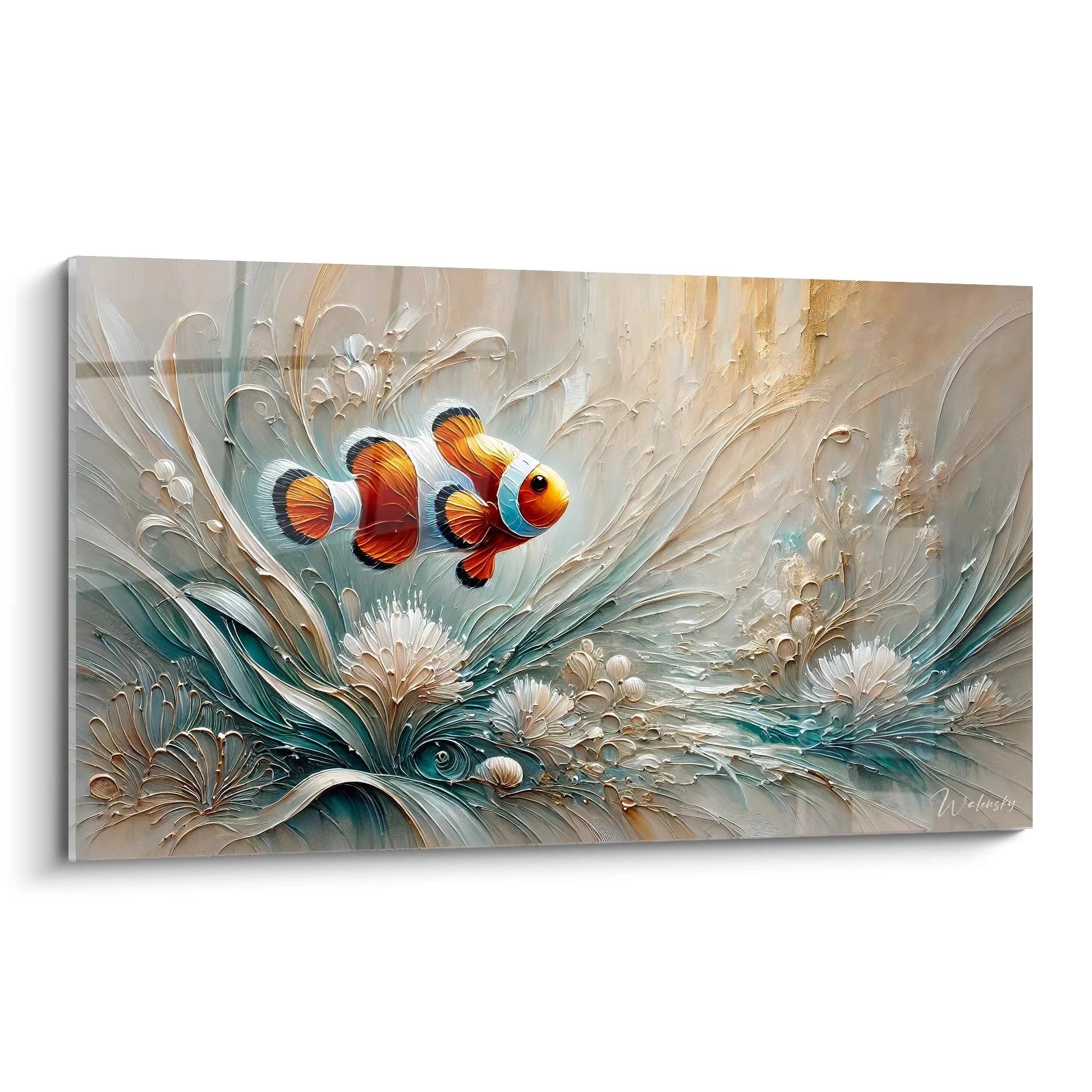 tableau poisson dynamique avec des couleurs vives et un effet de mouvement subtil ideal pour une ambiance moderne vue de biais il capte le regard avec son realisme saisissant et son atmosphère apaisante

