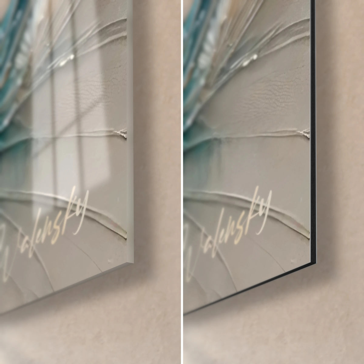 Schilderij van een oranje clownvis, rechtsonder: glanzend acrylglas links, mat zwart Dibond rechts, rand van 3 mm