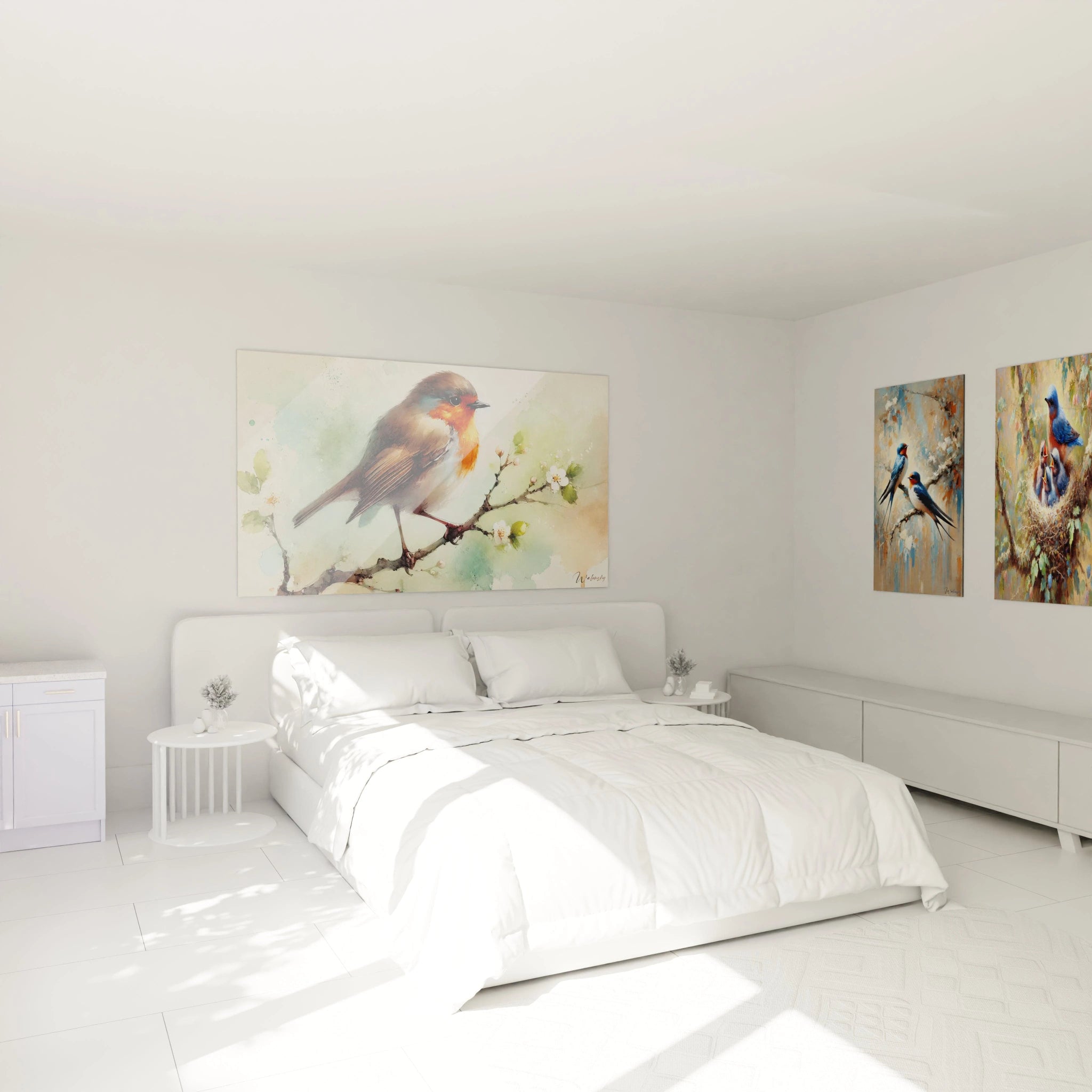 Accroché au-dessus du lit, ce tableau oiseaux apporte sérénité et douceur à votre chambre. Ses couleurs pastel et son style aquarelle créent une ambiance apaisante idéale pour la détente.

