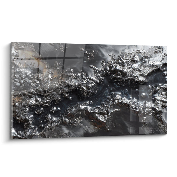 Obraz abstrakcyjny z metalicznymi teksturami srebrnymi i odbiciami chromowanymi - Fuzja Przemysłowa - Edycja Feng shui Północno-Zachodni Metal