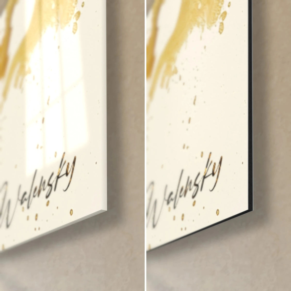 Wall art liquid black and gold metal, bottom right corner: Walensky signature, 3 mm edge, glossy glass on the left, matte Dibond