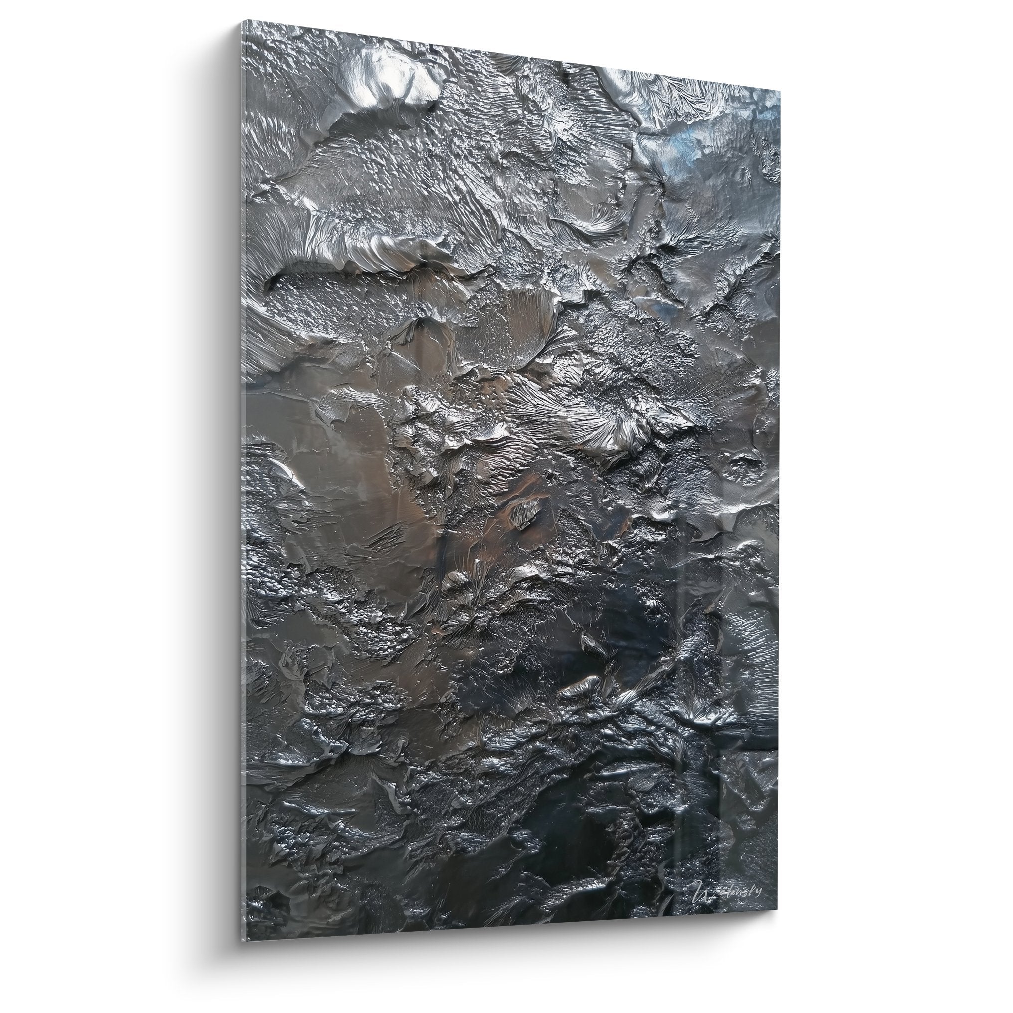 Tableau abstrait matiere metallique argentee texture relief reflets lumiere feng shui nord ouest metal