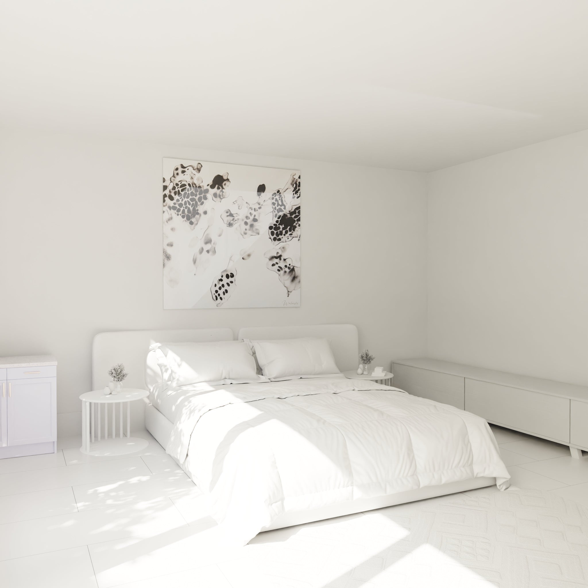 Tableau tacheté noir et blanc de Walensky décorant une chambre moderne et lumineuse